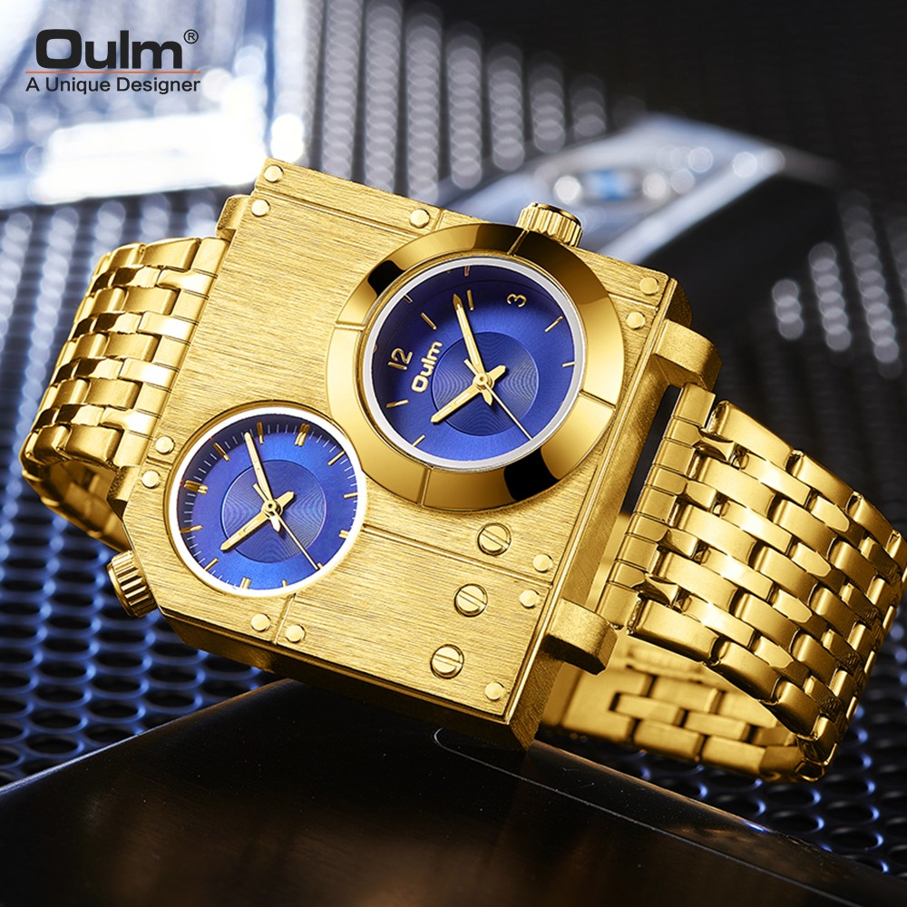 Oulm 5024 Golden Luxury Brand Men Watches Stainless Steel Quartz Watch Two Time Zone Unique Male Clock Relogio Masculino