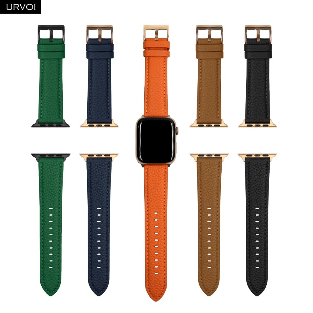 URVOI Strap for Apple Watch Series 7 6 SE 5 4 3 2 1 Genuine Litchi Grain Leather Band for iWatch Black Rose Gold Buckle 40 44mm