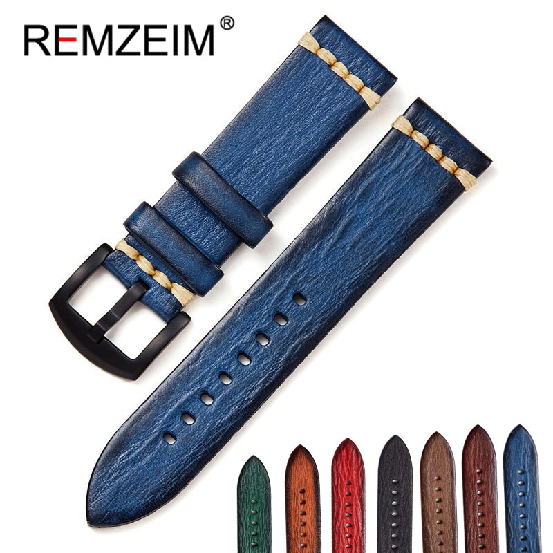 REMZEIM Retro Handmade Genuine Leather Strap Vegetable Tanned Leather Watchband 18 20 22 24mm High Quality Business Watch Band