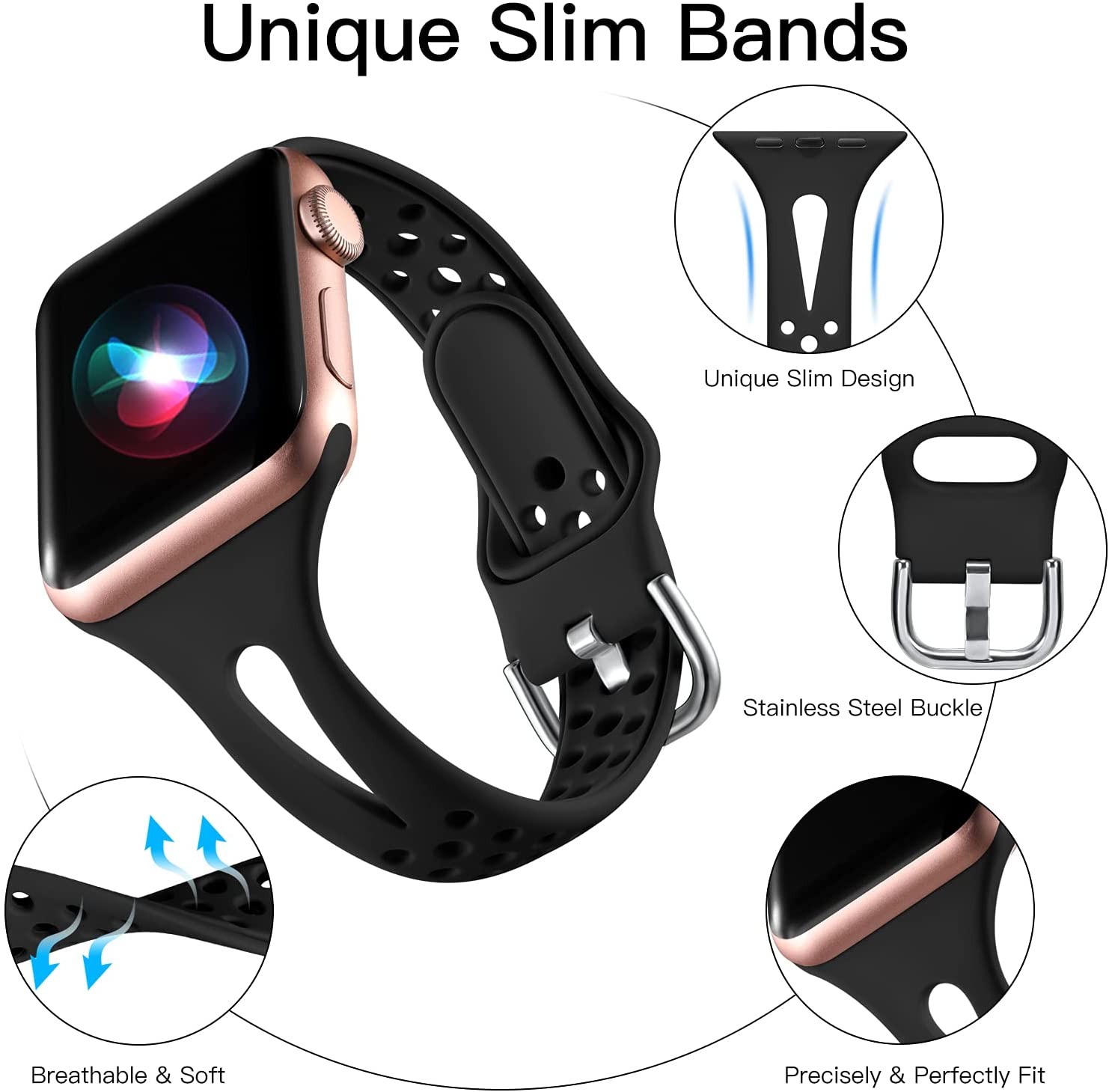 4pcs/pack Strap for Apple Watch SportBand 44mm 42mm 45mm 40mm 38mm 41mm for iWatch Series 7 SE 6 5 4 3 2 1, Breathable Slim Band