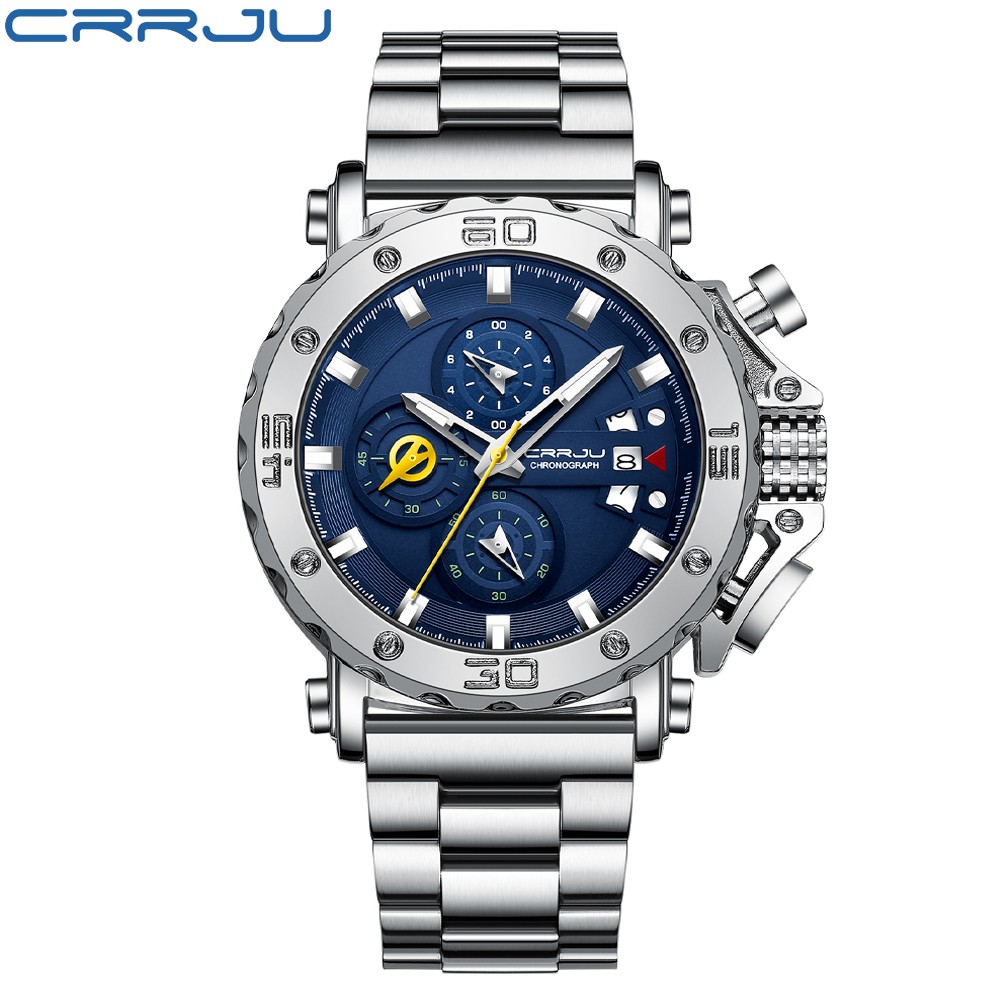 CRRJU Men Watch Luxury Brand Big Dial Stainless Steel Waterproof Chronograph Wrist Watches With Date Relogio Masculino