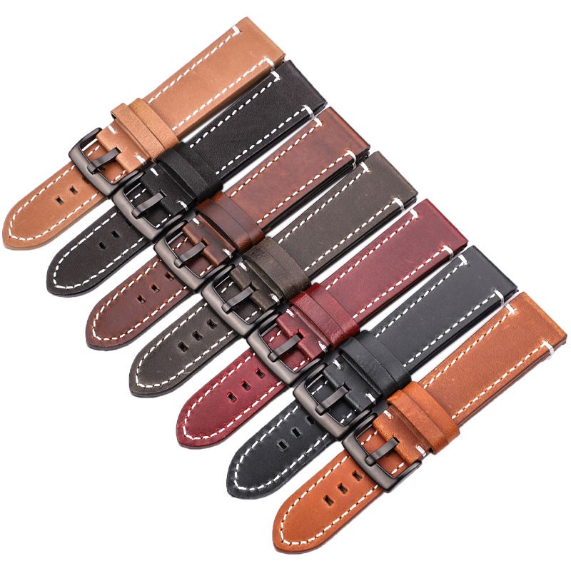 HENGRC - Genuine Cowhide Leather Watch Strap for Men and Women, Thickness 18, 20, 22, 24mm, Handmade, Retro, with Metal Buckles