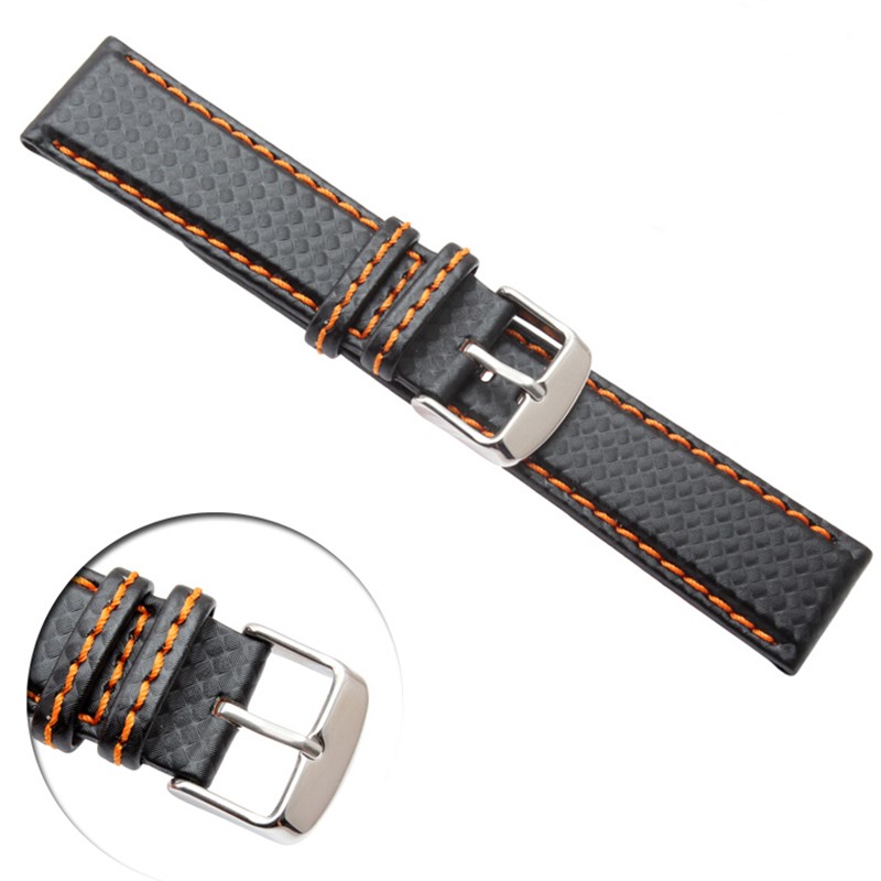 New 18mm 20mm 21mm 22mm 23mm durable orange stitching carbon fiber man black genuine leather with silver buckle watchband strap