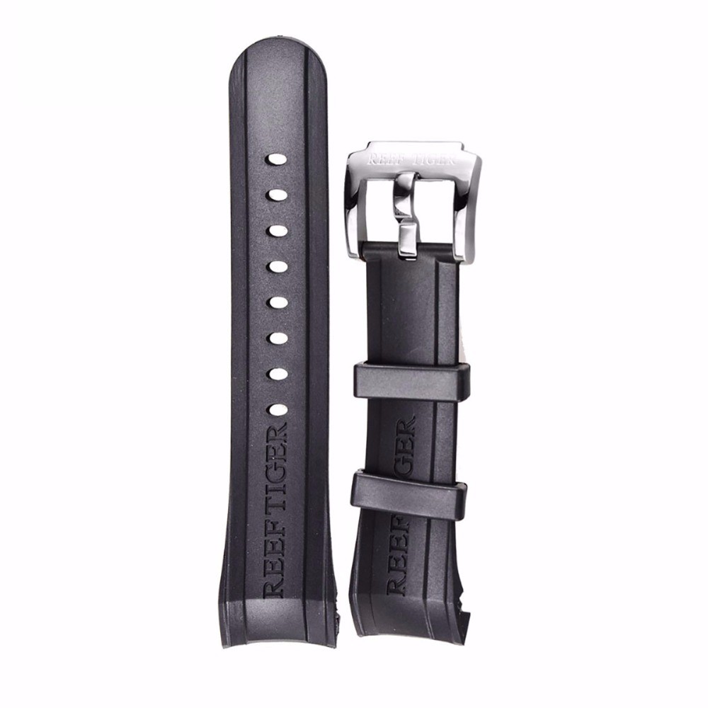 Reef Tiger Rubber Watch Strap, 29 cm, Black, with Tang Buckle for Aurora Clasps and Adapter