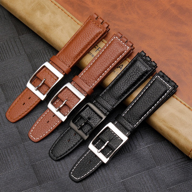 Leather Watch Strap Waterproof For Swatch YIS415/414 YCS YAS YGS 17mm Replacement Cowhide Watch Band Concavo Convex Watch Bracelet