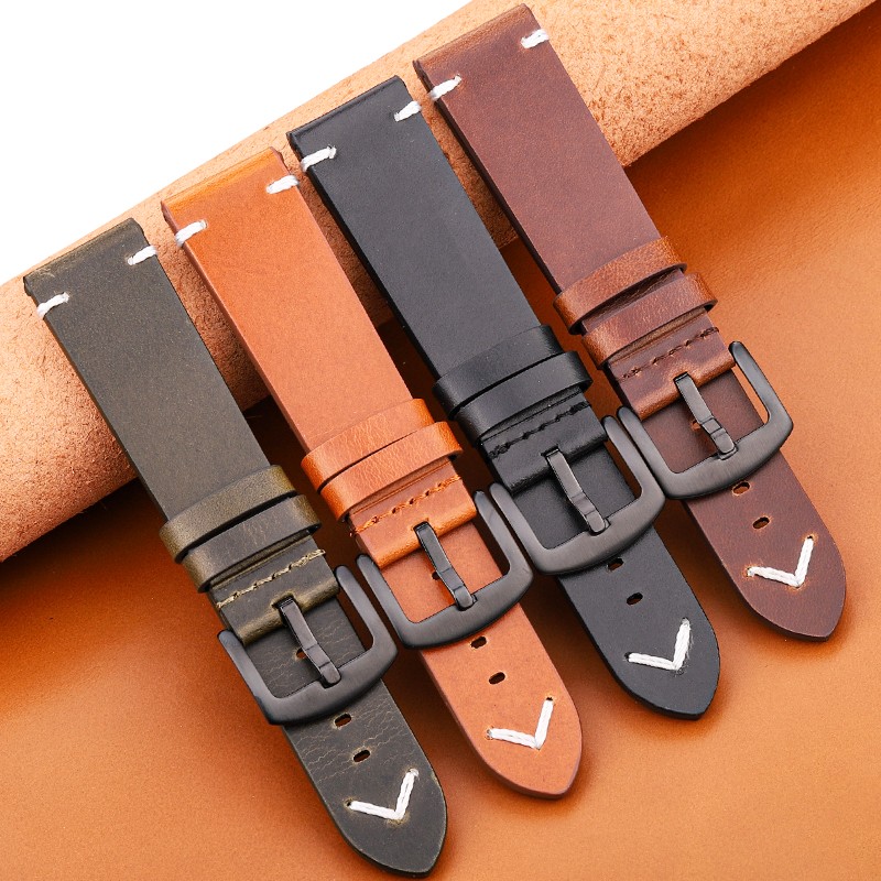 Handmade Leather Watch Strap Yellow Green Oil Wax Cowhide Watchband For Huawei Samsung Smart Watch Strap 18mm 20mm 22mm 24mm