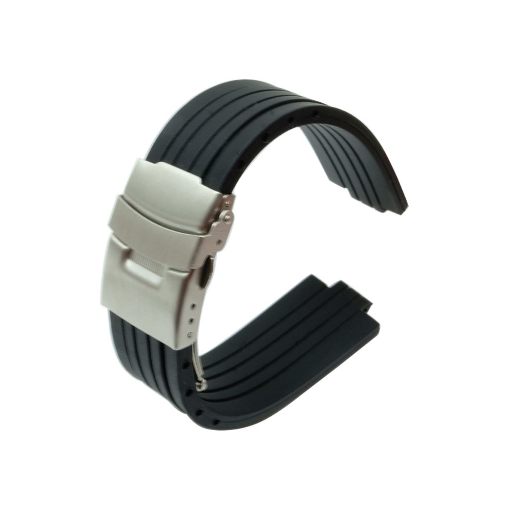 Silicone Rubber Watch Strap, 24mm x 11mm, for Oris Aquis, Convex, Stainless Steel, Safety Buckle, Black