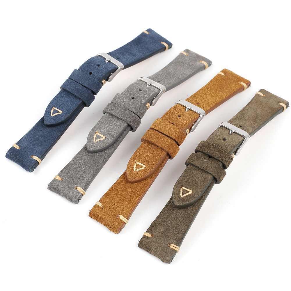 Vintage Suede Leather Watch Band 20mm 22mm Blue Brown Watch Strap Replacement Wristband Handmade Stitching Watchband