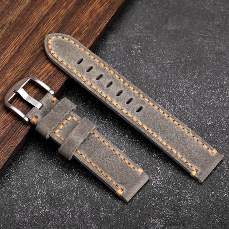 Gray leather strap suitable for military watch mountaineering watch 20 21 22 23 24mm first layer leather watch strap