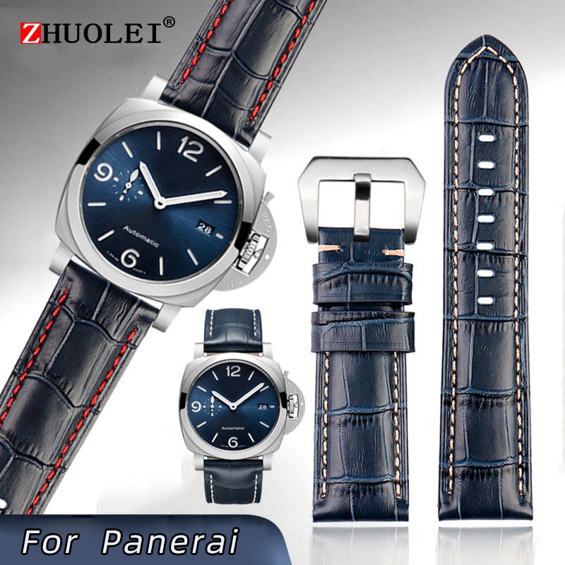 For Panerai1085/1313/111 Leather Watch Strap 22mm 24mm Blue Mens Crocodile Grain Watch Band Sandy Grinding Cowhide Accessories