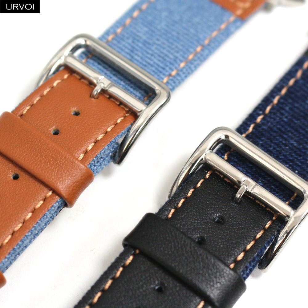 URVOI Band for Apple Watch Series 7 654321SE Jean Band with Genuine Leather Strap for iWatch Denim Design Canvas Wrist