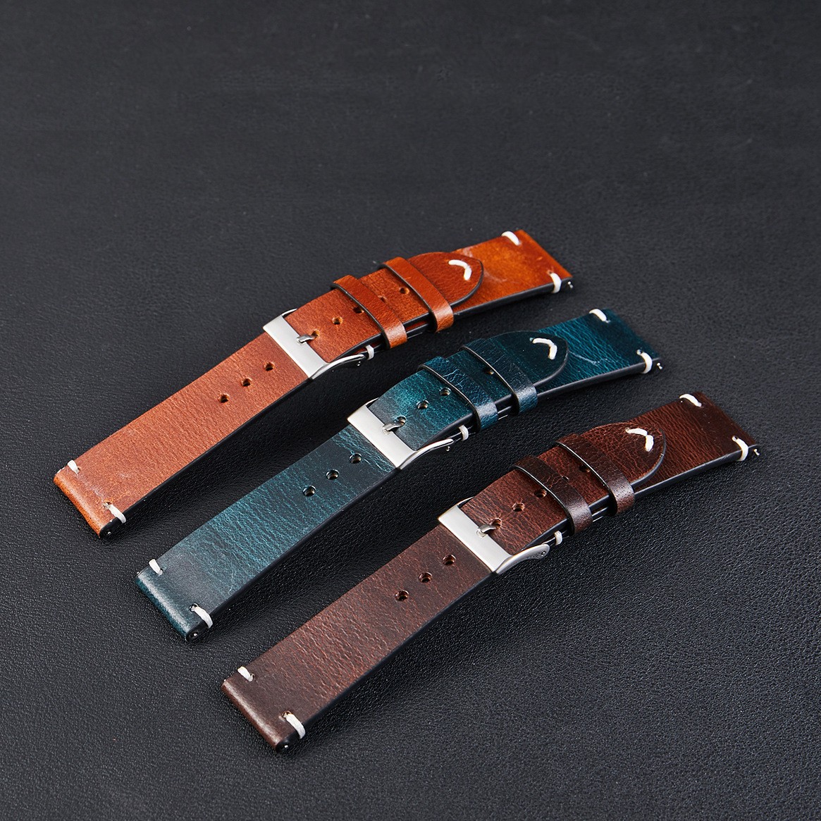 Vintage Leather Watchband Dark Brown Green Distressed Oil Wax Leather Watch Strap 20mm 22mm Quick Release Cowhide Watch Strap