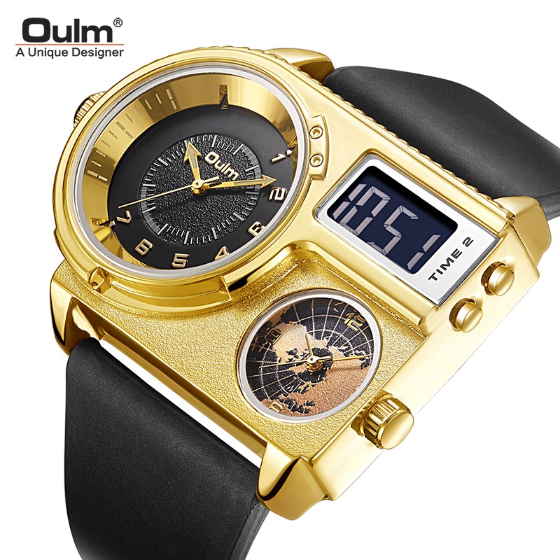 Oulm Fashion Pilot Digital Mens Watch Dual Display Multiple Time Zones Sport Leather Strap Military Oversize Quartz Male Clock