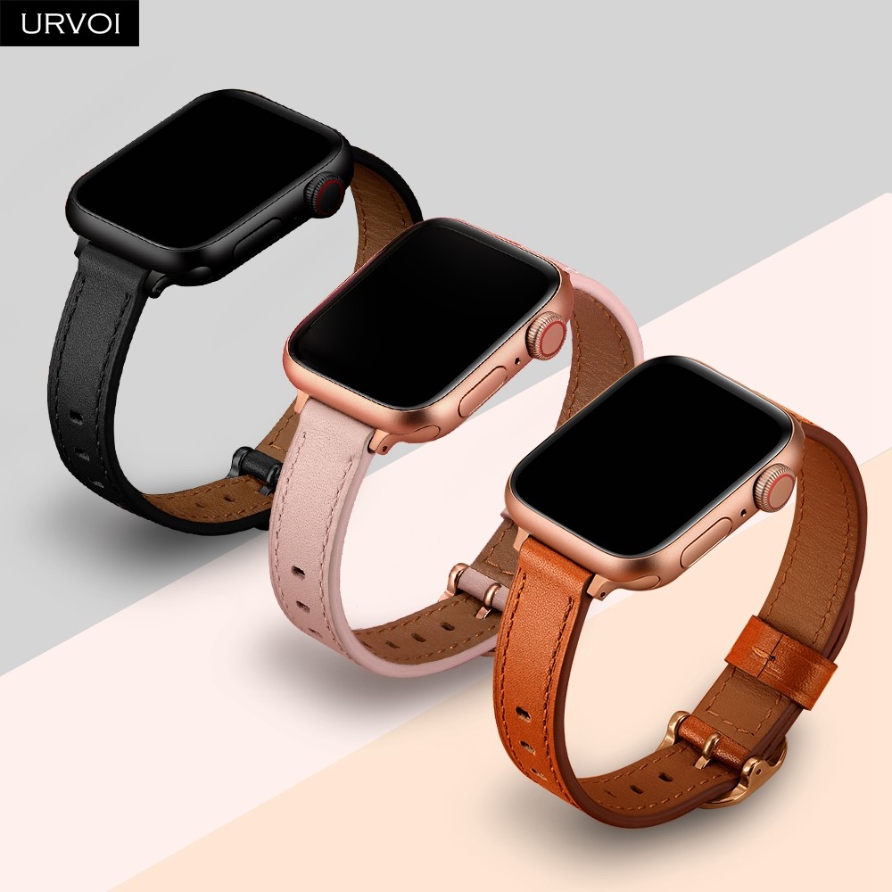 URVOI Band for Apple Watch Series 7 6 SE 5 4 321 Genuine Leather Strap for iWatch Slim Wristwatches Modern Design 14mm Width Girl Strap