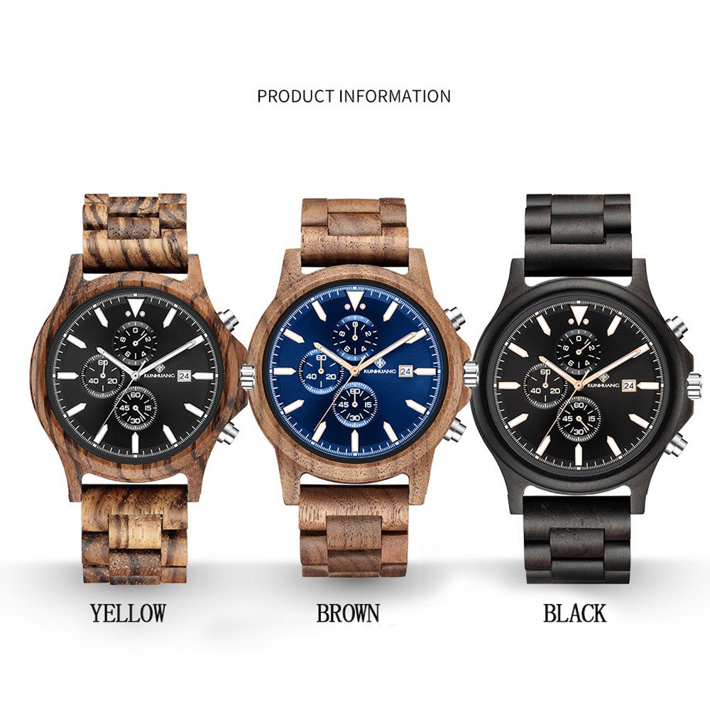 Kunhuang Handmade Wooden Watches Mens Watches Chronograph Watch Military Quartz Wristwatch Male In Wooden Gift Box Relogio