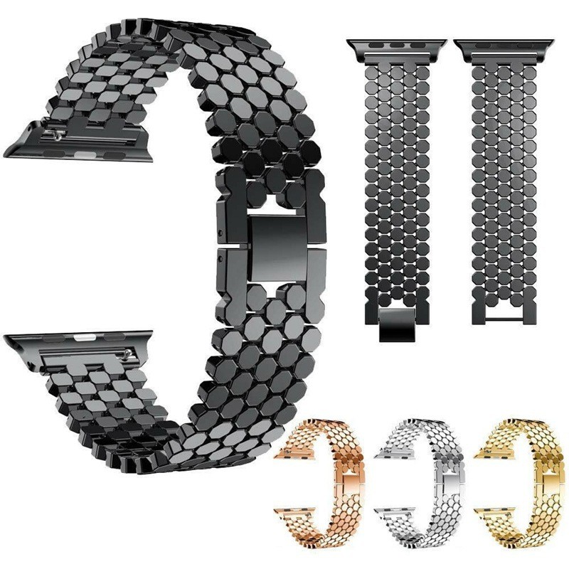 For Apple Watch Band 38mm 40mm 41mm 42mm 44mm 45mm Stainless Steel Fish Scale Pattern Wristwatch Strap for iWatch 7 6 5 4 Band