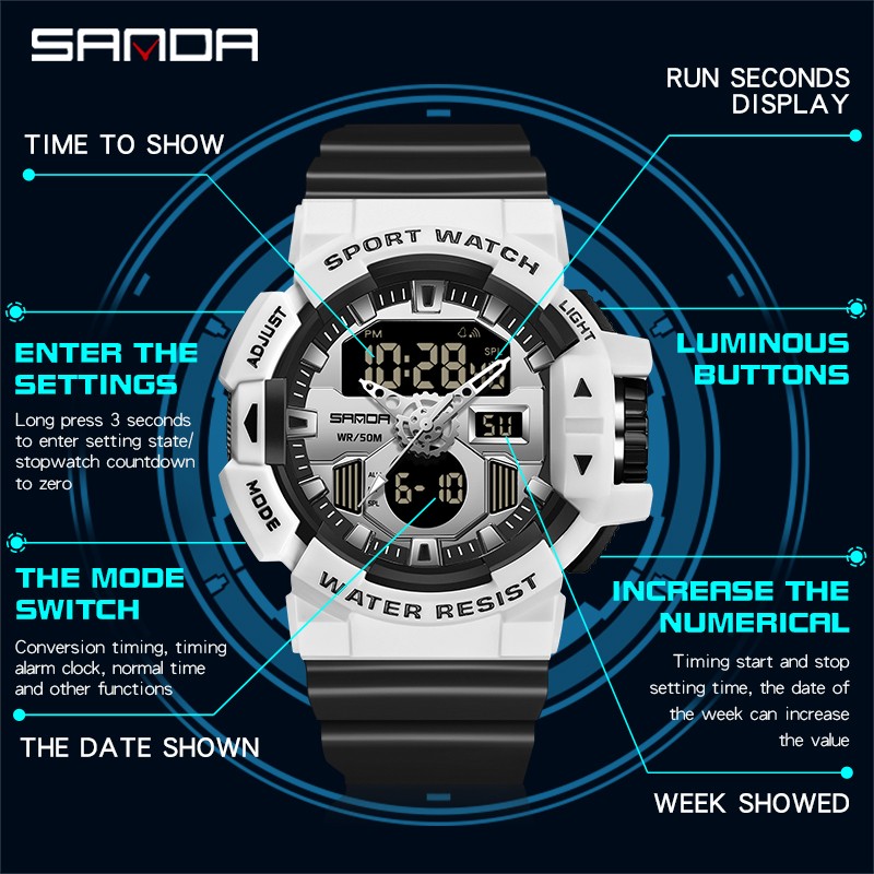 SANDA Top Brand Sports Watches Men Waterproof Military Quartz Watch for Man Wristwatch Chrono Digital Watch Alarm Clock