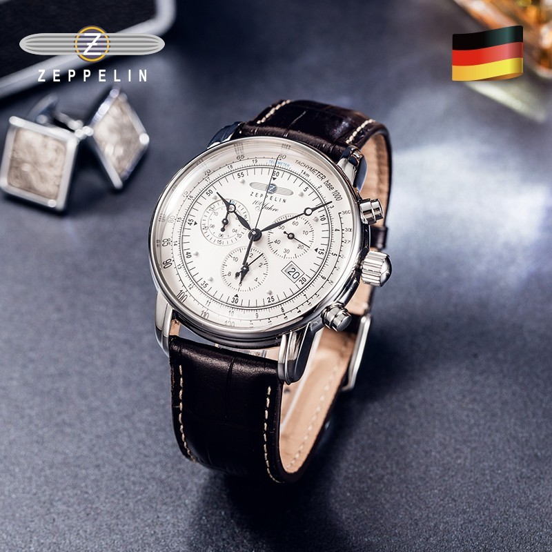 Zeppelin Luxury Brand Watch Three Eyes Multifunctional Waterproof Leather Business Casual Date Luminous Chronograph Watch