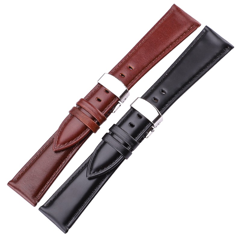 Watch Band Genuine Leather Strap Brown Black Smooth Cowhide Watchbands Bracelet Accessories Silver Polished Deployment Buckle