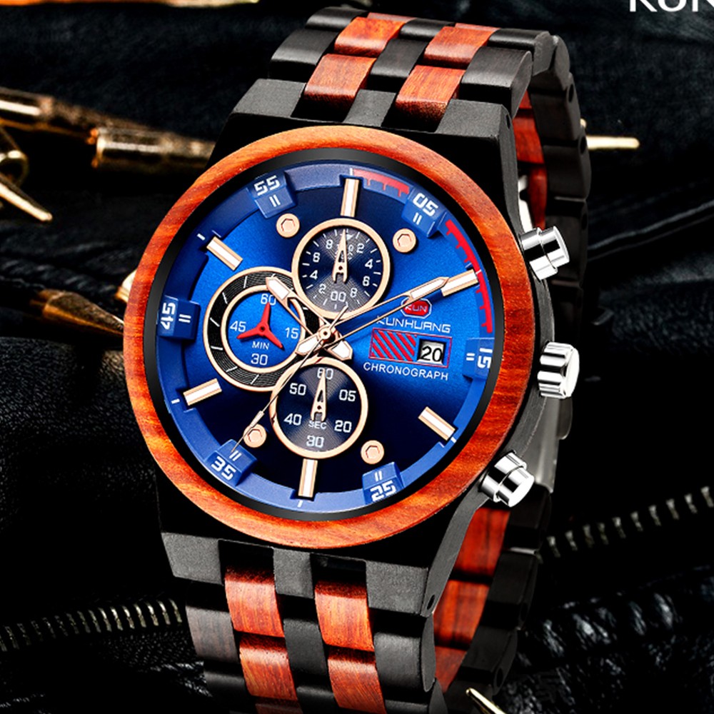 Reloj hombre KUNHUANG New Wooden Watch Men Luxury Brand Chronograph Military Quartz Watches for Man Dropshipping Customized