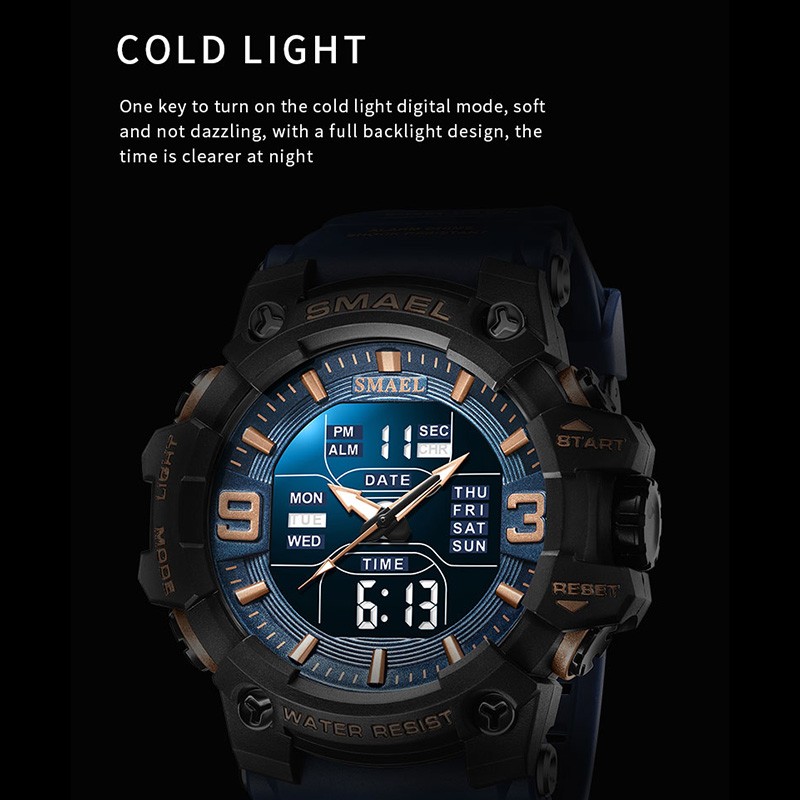 Men's Watch Sport Water Resistant LED Lights Alarm Clock Dual Time Week Display Auto Date Wristwatches 8049 Sport Quartz Watches