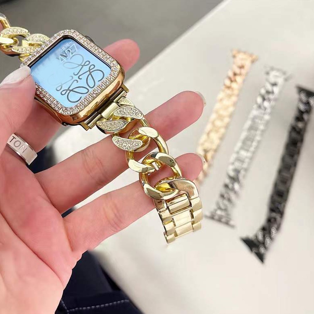 Luxury Diamond Watchband for Apple Watch Series 7 6 SE 5 4 3 Wrist Strap Link Bracelet for iWatch 38 41 42 45mm Metal Steel Strap