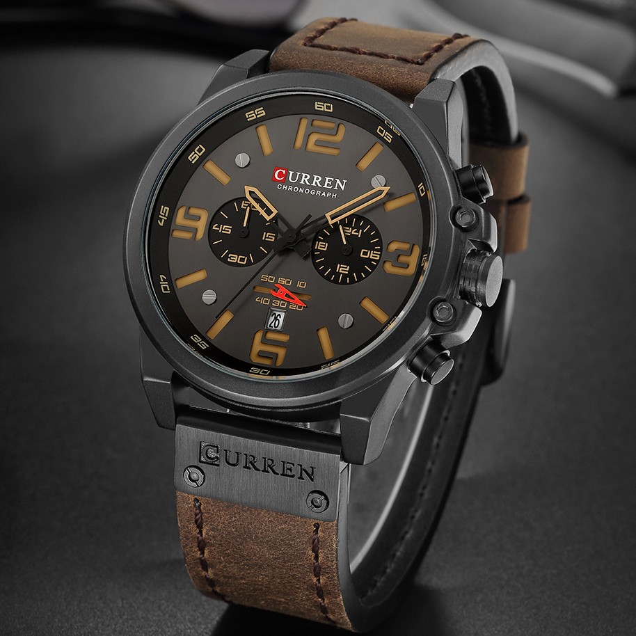 CURREN-Watches-Men's Distinguished,Luxury Watch Brand,Water Resistant,Sports,Wrist Watch,Chronograph,Quartz Genuine Leather Military,Men