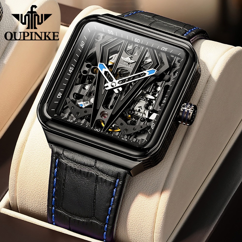 OUPINKE Automatic Watch Men Skeleton Mechanical Watch Steampunk Sapphire Crystal Square Leather Transparent Sports Wristwatches