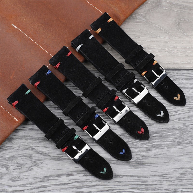 Genuine Suede Leather Watch Strap Handmade Colorful Stitching Black Watchband 18mm 20mm 22mm 24mm Replacement Band Men