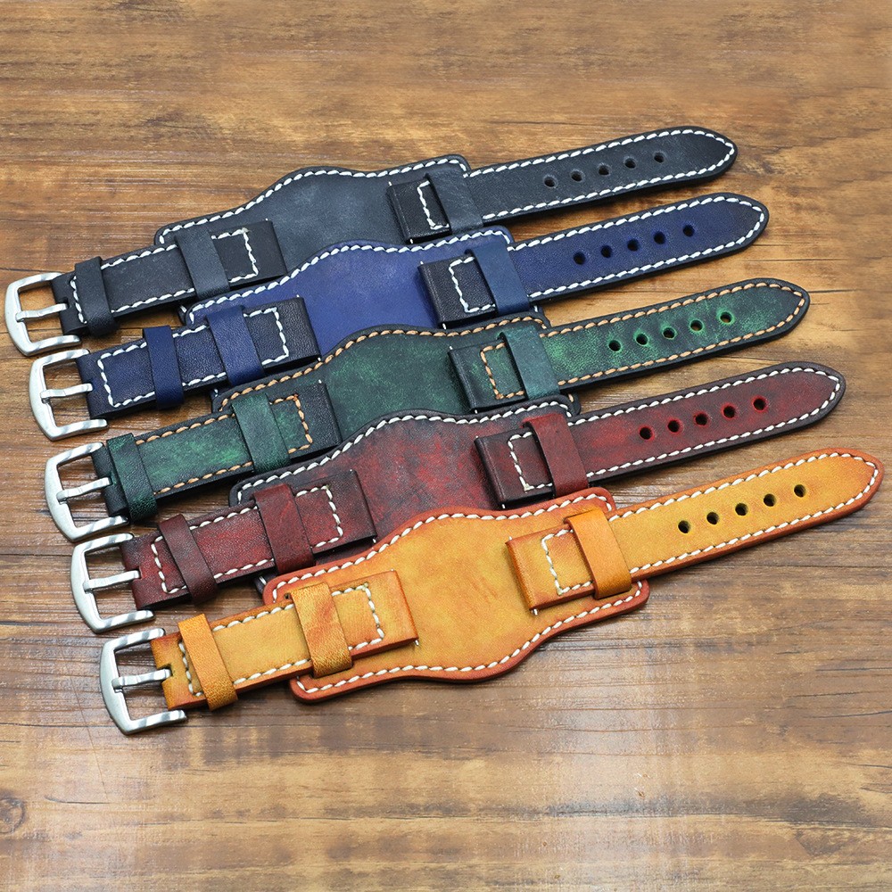 22mm 24mm Genuine Leather Watch Strap Wristwatch Band With Mat Wrist Protection Handmade Vintage Cuff Watches Bracelet