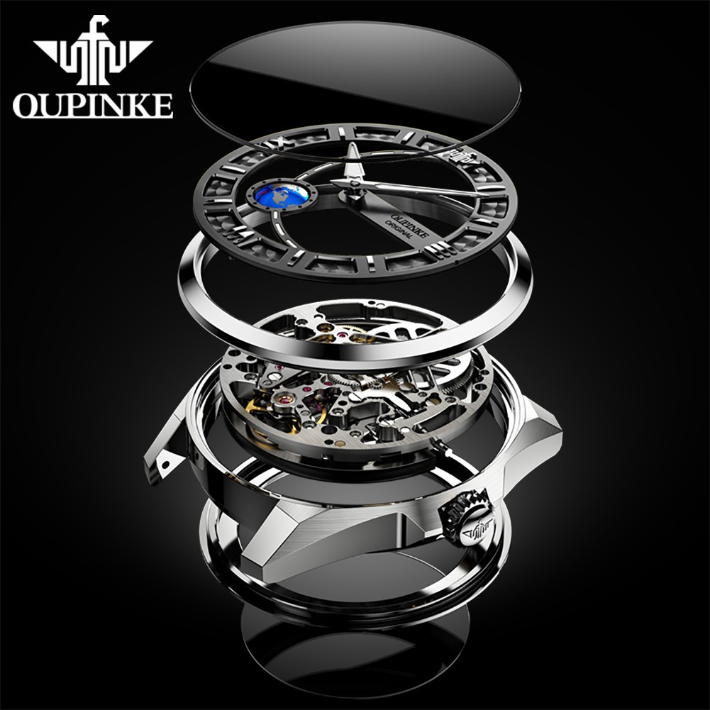 OUPINKE New Men's Automatic Mechanical Watch Skeleton Design 50M Waterproof Sapphire Mirror Leather Strap Male Watches