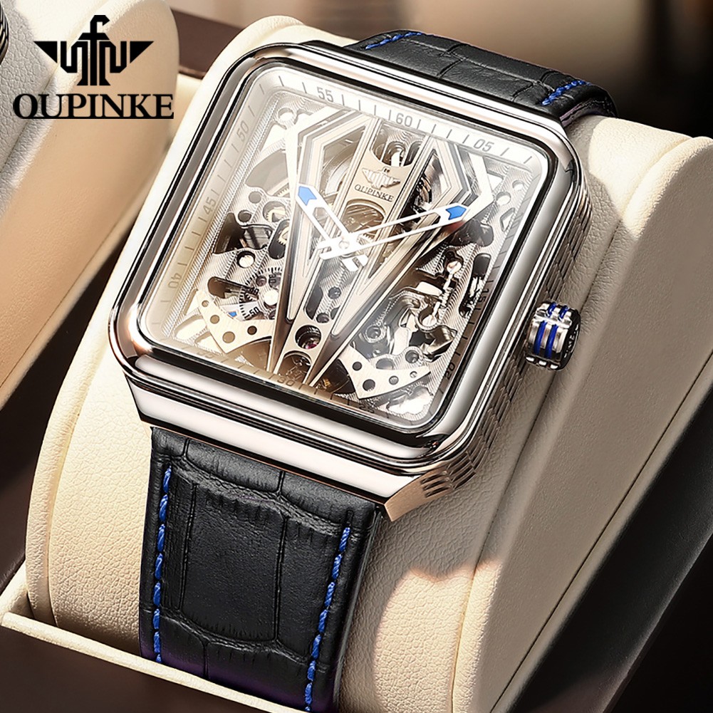 Upinki men's watch luxury automatic mechanical wrist watch square sapphire luminous leather strap men's watches 3181