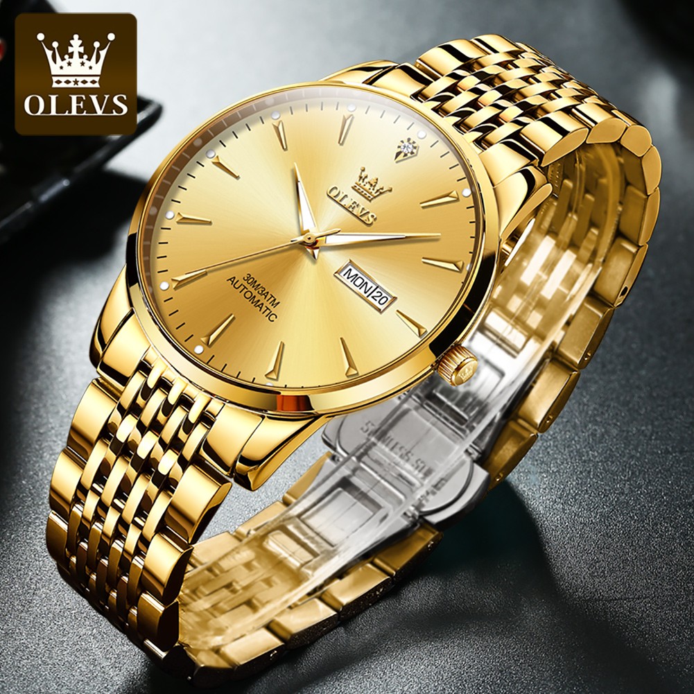 OLEVS Luxury Stainless Steel Mechanical Watches for Men Waterproof Automatic Watch Calendar Luminous Men Mechanical Wristwatches