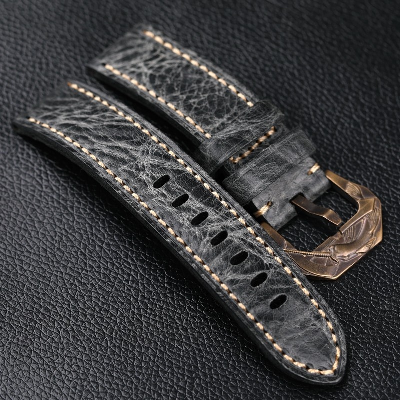 Handmade smoke gray leather watchband 20 22 24 26 mm bronze buckle bracelet, suitable for PAM111 441 men's bracelet