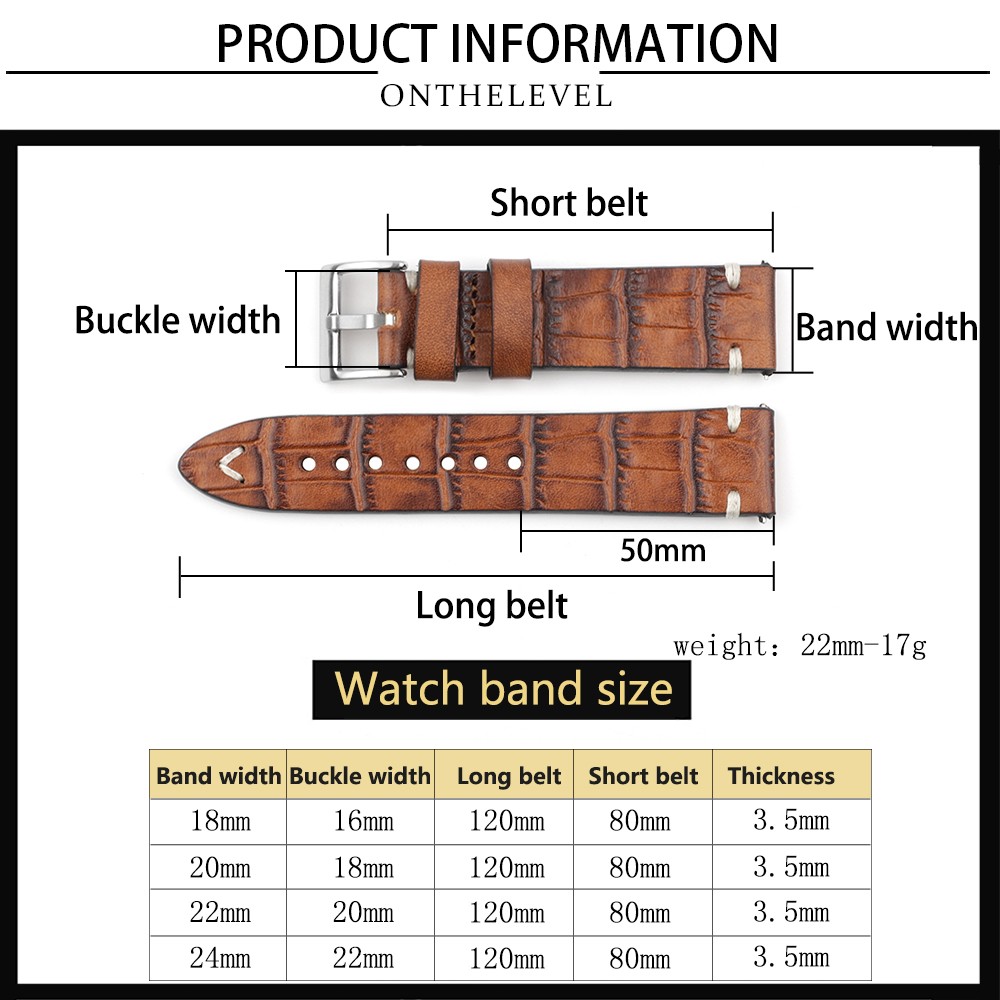 Vegetable tanned leather watchband 18mm 20mm 22mm 24mm handmade stitching genuine leather crocodile watch strap replacement