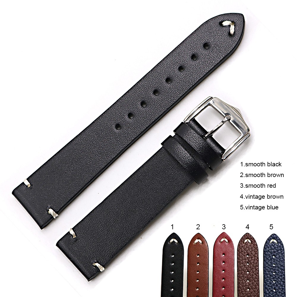 Rolamy 20 22 24mm Wholesale Genuine Cowhide Smooth Vintage Leather Black Brown Blue Red Watch Band Strap with Polish Buckle