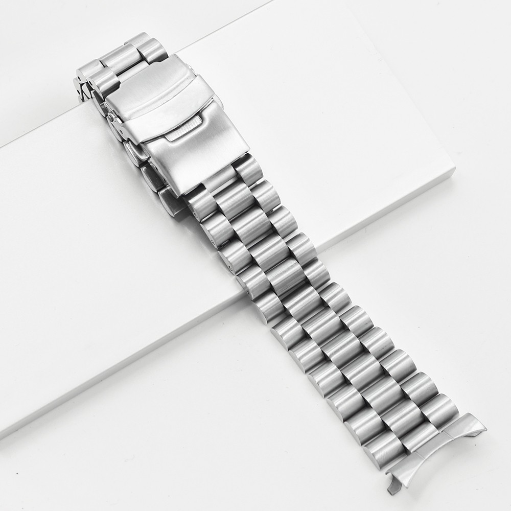 Rolamy 20 22mm Top Quality Silver Hollow Curved End Solid Links Replacement Watch Band Bracelet Double Push Clasp for Seiko