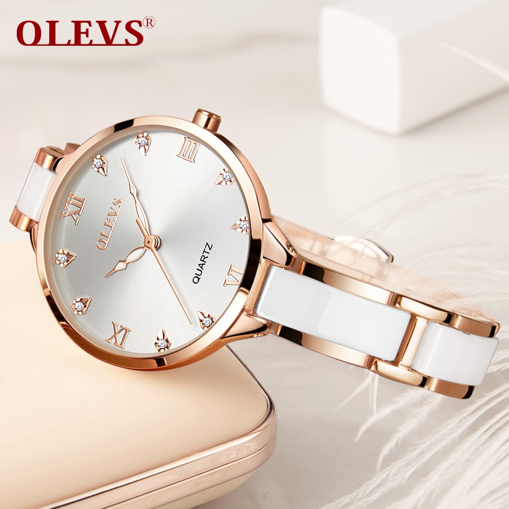 OLEVS Women Watches Fashion Trend Watch for Women Ceramic Strap Brick Dial Luminous Waterproof Quartz Wristwatch Casual Gift Set