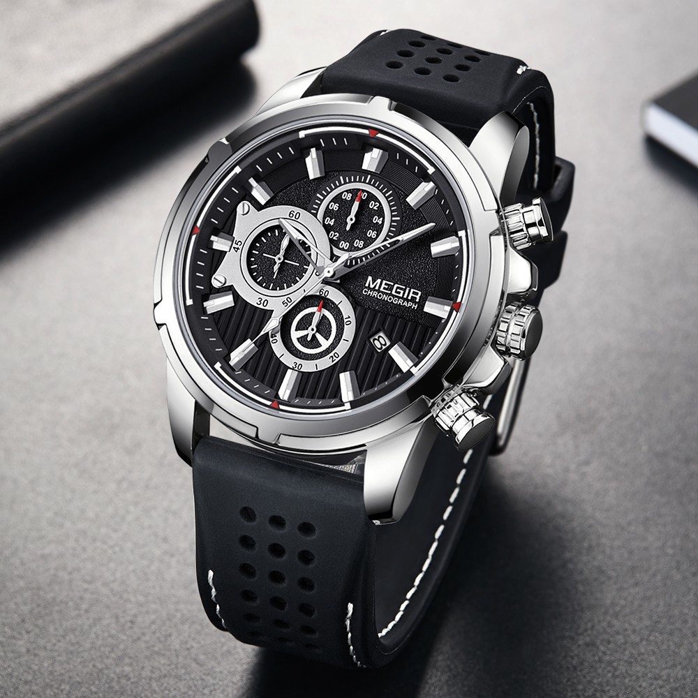 MEGIR New Sport Chronograph Silicone Mens Watches Top Brand Luxury Quartz Clock Waterproof Big Dial Watch Men's Watch