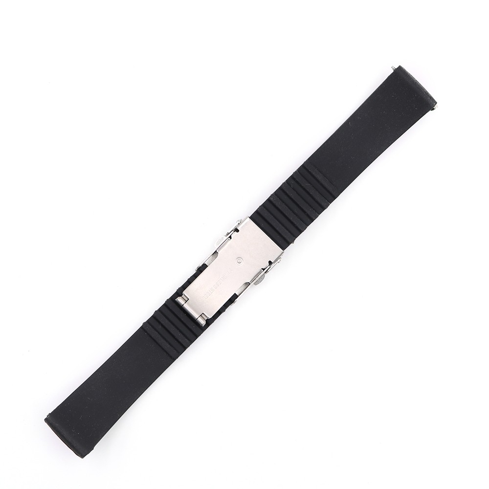 Black Silicone Rubber Watch Strap, Water Resistant, Straight End, Double Push, Stainless Steel Buckle, 18 20 22 24mm