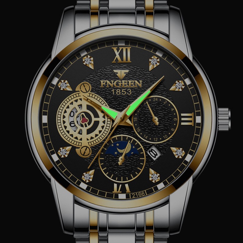 FNGEEN Fashion Luxury Men's Watches Stainless Steel Quartz Wristwatch Calendar Luminous Watch Men Business Casual Watch for Men