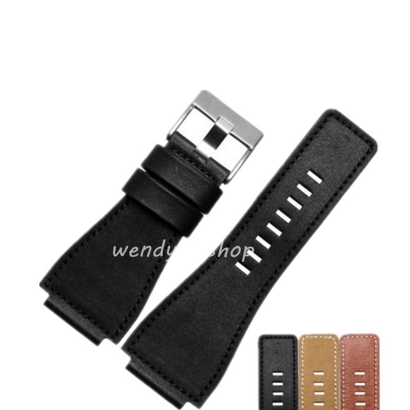 3mm thick genuine leather watch strap, black, yellow, red and brown, silver pin buckle, 34mm*24mm