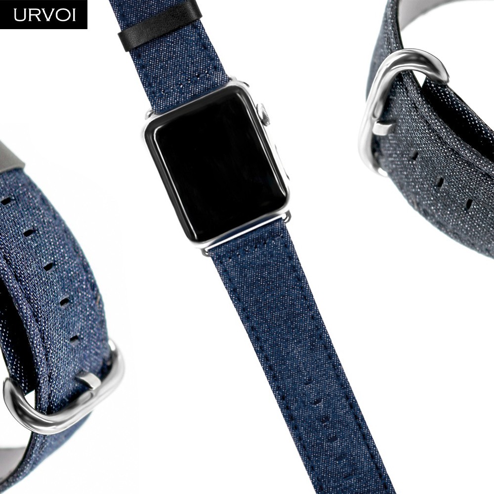 URVOI Band for Apple Watch Series 7 6 SE 5 4 3 2 1 Strap for iwatch Blue Denim Jeans Leather Back Band Classic Buckle 41 45mm