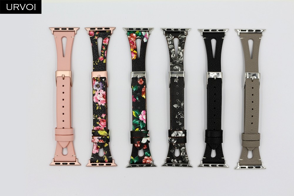 URVOI Leather Band for Apple Watch Series 7 6 SE 5 4 3 Strap for iwatch 41 45mm T Hole Flowers Printed Wrist Women Band