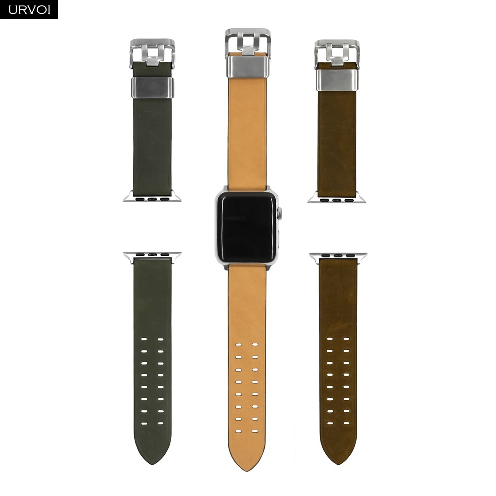 URVOI Genuine Band for Apple Watch Series 7 6 SE 5 4 3 2 1 Crazy Horse Leather Strap for iWatch 41 45mm Double Pin Metal Buckle