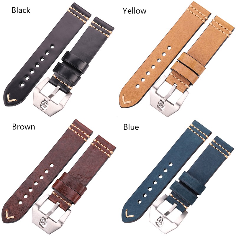 Genuine Leather Watch Band Strap with Metal Skull Buckle 20mm 22mm 24mm Brown Yellow Blue Watchband Women Men Cowhide Strap