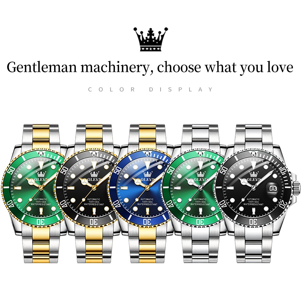 OLEVS Brand 007 Business Men's Watches Automatic Green Watch Men Stainless Steel Waterproof Luxury Mechanical Sports Wristwatch