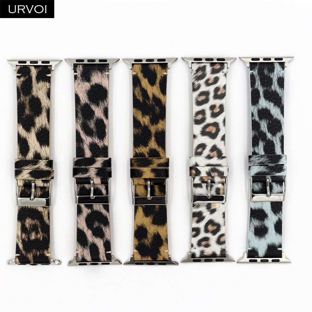 URVOI Leather Strap for Apple Watch Series 7 6 SE 5 4 3 2 1 Printing Strap for iWatch PU Leather Leopard Modern Style 41 45mm