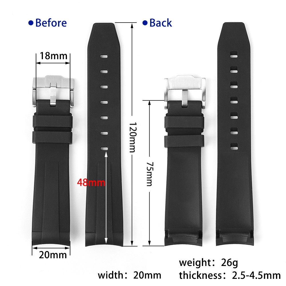 High Quality 20mm FKM Rubber Curved End Watch Band Waterproof Replacement Strap Wristband Diving Watch Accessories for Men Women