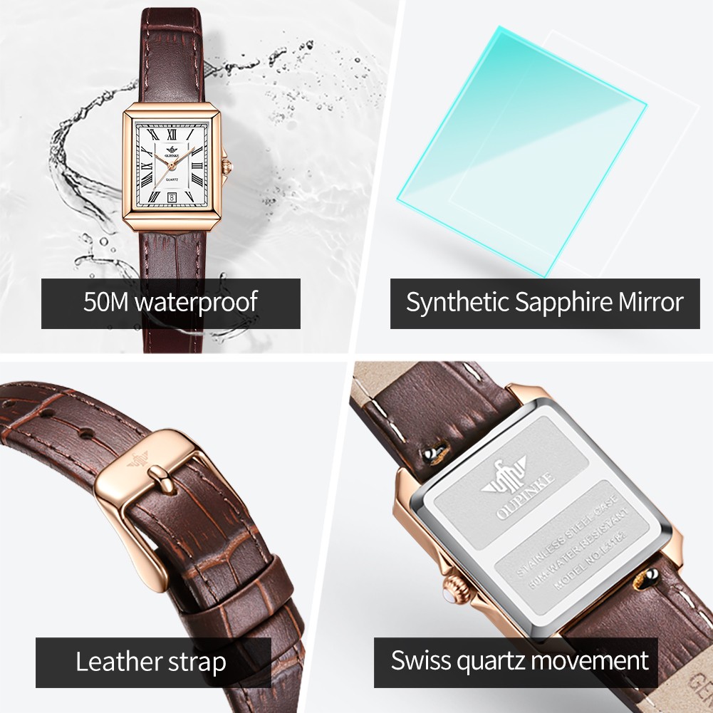 OUPINKE Retro Luxury Casual Women Wristwatches Genuine Leather Strap Waterproof Quartz Watches for Women Calendar